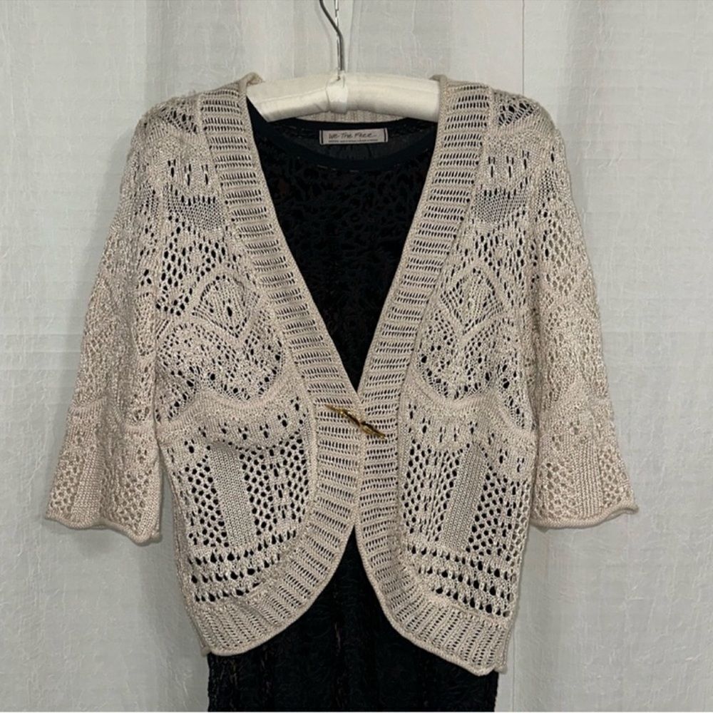 JM Collection M Ivory Knit Eyelet Crop Quarter Sleeve Open Front Cardigan